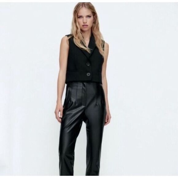 Zara Faux Leather Pleated Black High Waist Pants, Size M - Picture 1 of 10